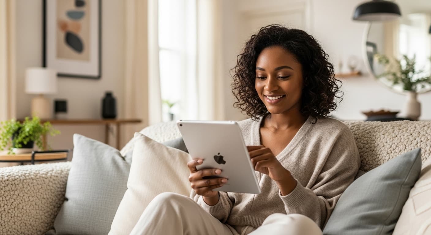 Woman sitting on a sofa using a tablet